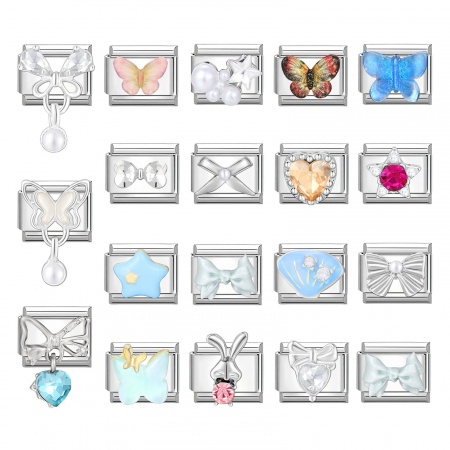 Immagine di 1 Pz 304 Acciaio Inossidabile Bracciale con Charm Italiano a Maglie, Creazione di Gioielli Fai-da-te Tono Argento Rettangolo Farfalla 10mm x 9mm