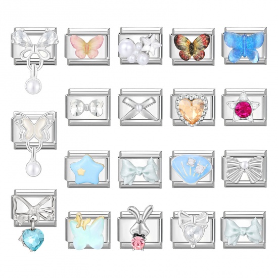 Picture of 1 Piece 304 Stainless Steel Italian Charm Links For DIY Bracelet Jewelry Making Silver Tone Rectangle Butterfly 10mm x 9mm