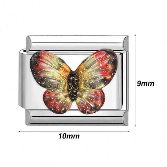 Picture of 1 Piece 304 Stainless Steel Italian Charm Links For DIY Bracelet Jewelry Making Silver Tone Rectangle Butterfly 10mm x 9mm