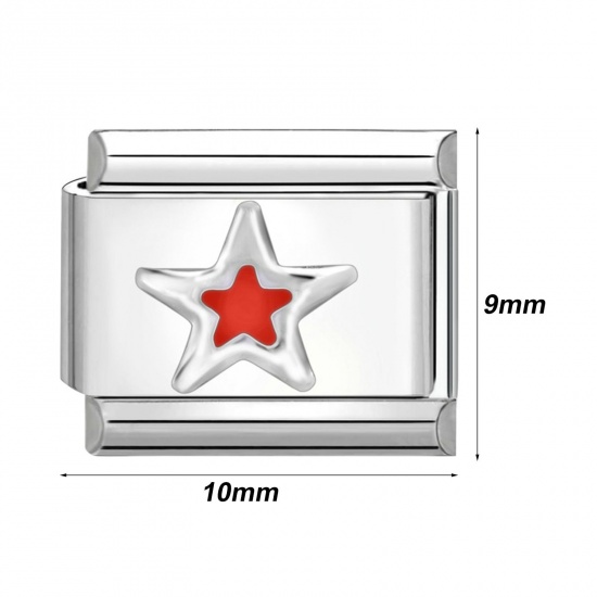 Picture of 1 Piece 304 Stainless Steel Italian Charm Links For DIY Bracelet Jewelry Making Silver Tone Rectangle Star 10mm x 9mm