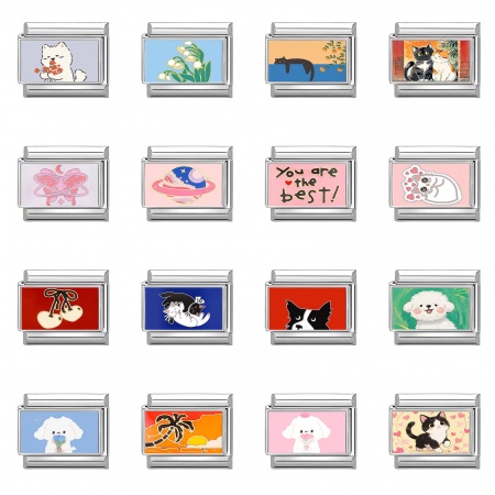 1 ШТ 304 Нержавеющая Сталь Очаровательный итальянский браслет со звеньями Изготовление ювелирных изделий своими руками Серебряный Тон Прямоугольник Кошка 10мм x 9мм