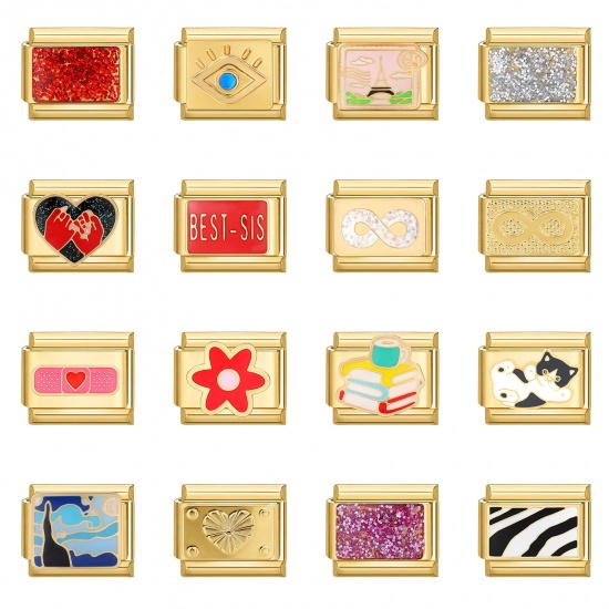 Picture of 1 Piece 304 Stainless Steel Italian Charm Links For DIY Bracelet Jewelry Making Gold Plated Rectangle Cartoon Images 10mm x 9mm