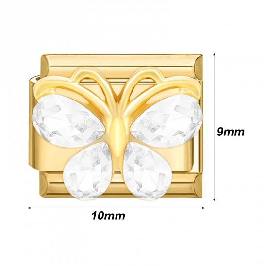 Picture of 1 Piece 304 Stainless Steel Italian Charm Links For DIY Bracelet Jewelry Making Gold Plated Rectangle Multicolor Rhinestone 10mm x 9mm