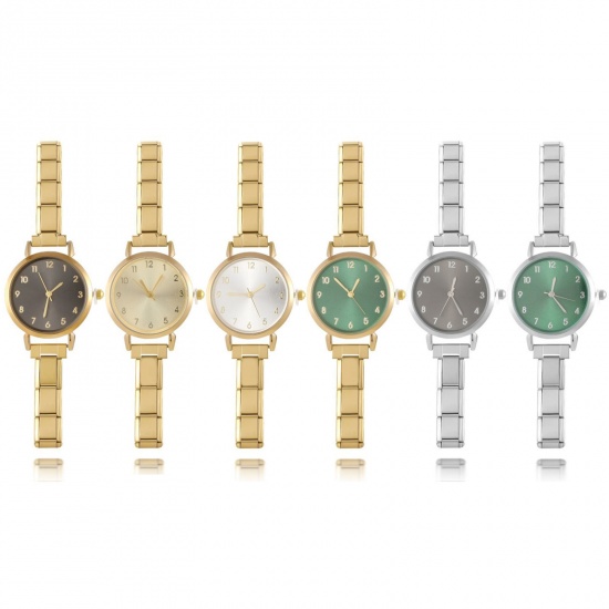 Изображение 1 Piece 304 Stainless Steel Stylish Italian Charm Links Modular Wrist Watch Gold Plated Round With Battery 18.5cm(7 2/8") long