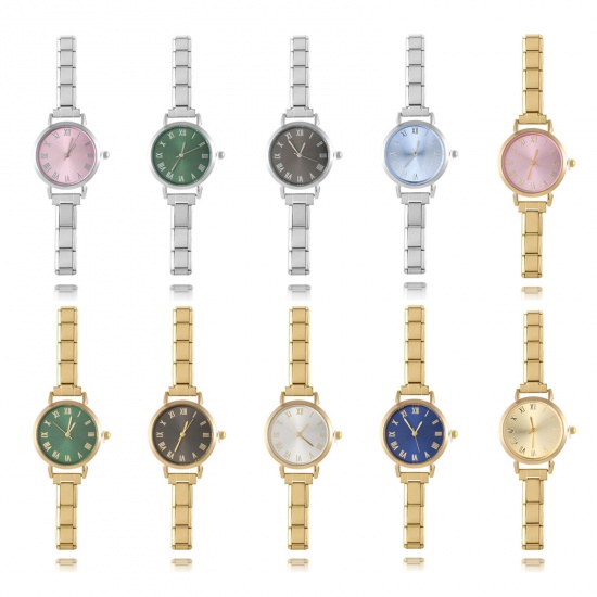 Image de 1 Pièce Montre-bracelet Modulaire à Maillons de Pendentifs Italiens Élégant en 304 Acier Inoxydable Doré Rond Avec Batterie 18.5cm long