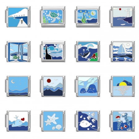 304 Stainless Steel Stylish Italian Charm Links For DIY Bracelet Jewelry Making Silver Tone Rectangle Sea 10mm x 9mm