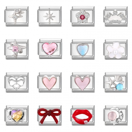 304 Stainless Steel Stylish Italian Charm Links For DIY Bracelet Jewelry Making Silver Tone Rectangle Heart 10mm x 9mm