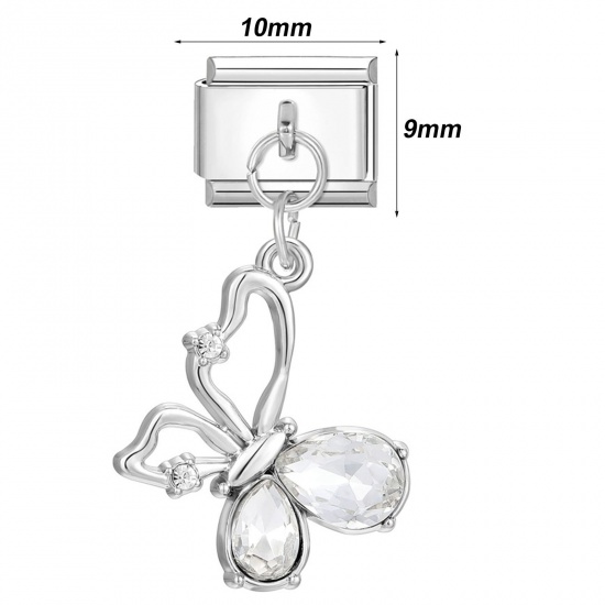 Immagine di 304 Stainless Steel Stylish Italian Charm Links For DIY Bracelet Jewelry Making Silver Tone Rectangle With Pendant 10mm x 9mm
