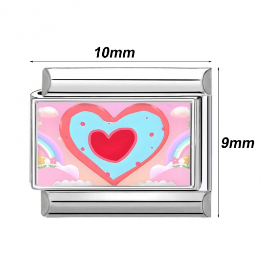 Immagine di 304 Stainless Steel Stylish Italian Charm Links For DIY Bracelet Jewelry Making Silver Tone Pink Rectangle 10mm x 9mm