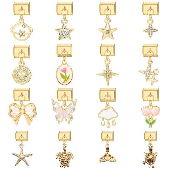 Immagine di 304 Stainless Steel Stylish Italian Charm Links For DIY Bracelet Jewelry Making Gold Plated Rectangle With Pendant 10mm x 9mm