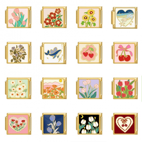 Picture of 304 Stainless Steel Italian Charm Links For DIY Bracelet Jewelry Making Gold Plated Rectangle Flower 10mm x 9mm