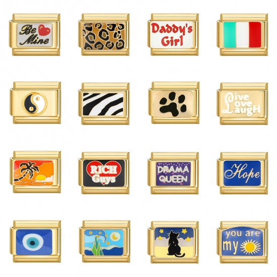 Imagen de 304 Stainless Steel Italian Charm Links For DIY Bracelet Jewelry Making Gold Plated Rectangle Word Message 10mm x 9mm