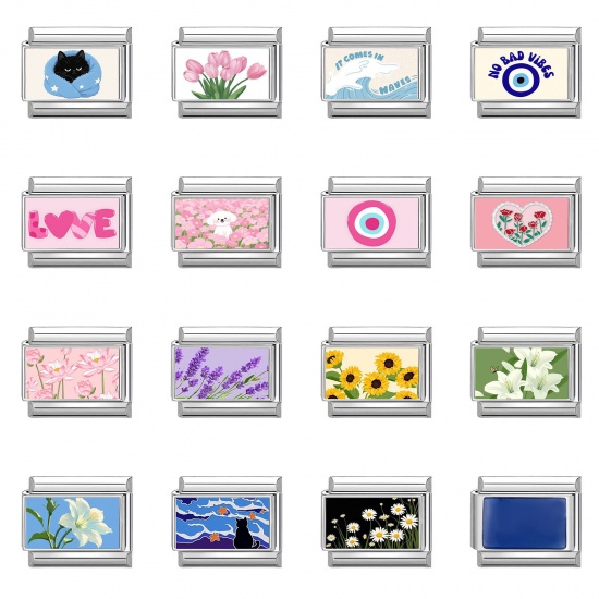 Picture of 304 Stainless Steel Italian Charm Links For DIY Bracelet Jewelry Making Silver Tone Rectangle Flower 10mm x 9mm