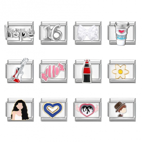 Immagine di 304 Stainless Steel Italian Charm Links For DIY Bracelet Jewelry Making Silver Tone Rectangle Cartoon Images 10mm x 9mm