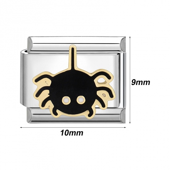 Picture of 304 Stainless Steel Italian Charm Links For DIY Bracelet Jewelry Making Silver Tone Black Rectangle 10mm x 9mm