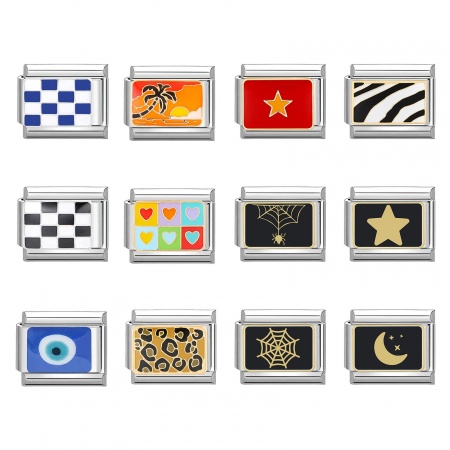 304 Stainless Steel Italian Charm Links For DIY Bracelet Jewelry Making Silver Tone Rectangle Grid Checker 10mm x 9mm