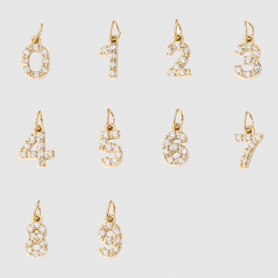Picture of Eco-friendly PVD Vacuum Plating 304 Stainless Steel Mini Charms 14K Gold Plated Number Message " 0-9 " Clear Rhinestone