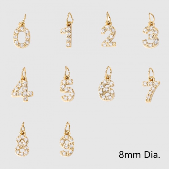 Picture of Eco-friendly PVD Vacuum Plating 304 Stainless Steel Mini Charms 14K Gold Plated Number Message " 0-9 " Clear Rhinestone