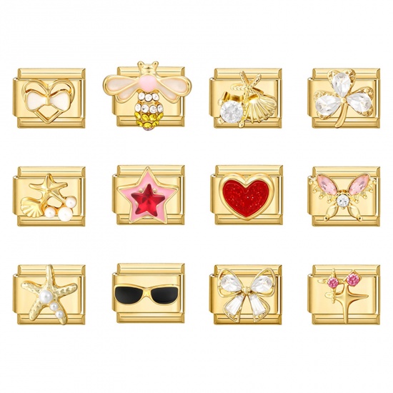 Picture of 304 Stainless Steel Exquisite Italian Charm Links For DIY Bracelet Jewelry Making Gold Plated Rectangle Heart 10mm x 9mm
