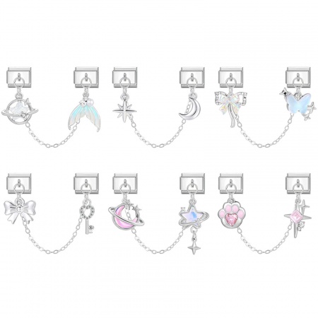 Picture of 304 Stainless Steel Exquisite Italian Charm Links For DIY Bracelet Jewelry Making Silver Tone Rectangle Tassel 10mm x 9mm