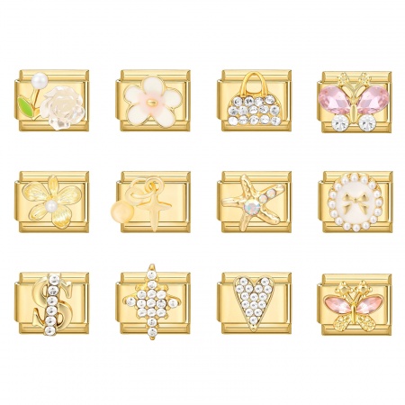 Picture of 304 Stainless Steel Exquisite Italian Charm Links For DIY Bracelet Jewelry Making Gold Plated Rectangle Flower 10mm x 9mm