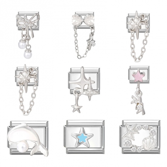 Picture of 304 Stainless Steel Exquisite Italian Charm Links For DIY Bracelet Jewelry Making Silver Tone Rectangle Star 10mm x 9mm