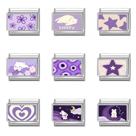 Picture of 304 Stainless Steel Exquisite Italian Charm Links For DIY Bracelet Jewelry Making Silver Tone Purple Rectangle 10mm x 9mm