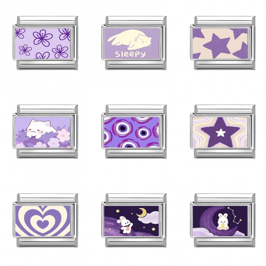 Picture of 304 Stainless Steel Exquisite Italian Charm Links For DIY Bracelet Jewelry Making Silver Tone Purple Rectangle 10mm x 9mm
