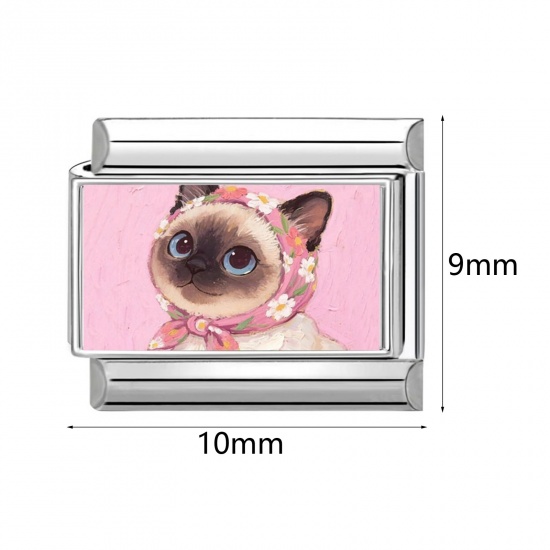 Picture of 304 Stainless Steel Italian Charm Links For DIY Bracelet Jewelry Making Wholesale Silver Tone Rectangle Cat 10mm x 9mm