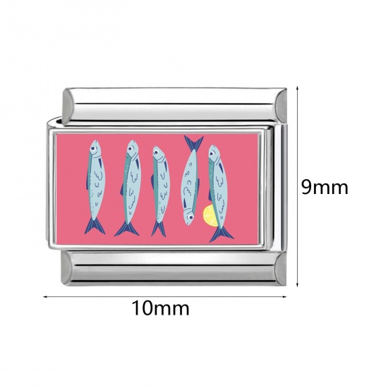 Picture of 304 Stainless Steel Italian Charm Links For DIY Bracelet Jewelry Making Silver Tone Multicolor Rectangle Marine Animal 10mm x 9mm