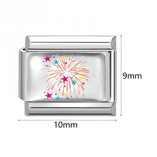 Picture of 304 Stainless Steel Italian Charm Links For DIY Bracelet Jewelry Making Silver Tone Multicolor Rectangle Flower 10mm x 9mm