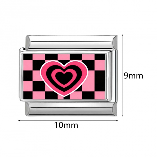 Picture of 304 Stainless Steel Valentine's Day Italian Charm Links For DIY Bracelet Jewelry Making Silver Tone Pink Rectangle 10mm x 9mm
