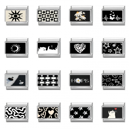 Picture of 304 Stainless Steel Italian Charm Links For DIY Bracelet Jewelry Making Silver Tone Black & White Rectangle 10mm x 9mm