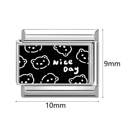Picture of 304 Stainless Steel Italian Charm Links For DIY Bracelet Jewelry Making Silver Tone Black & White Rectangle 10mm x 9mm