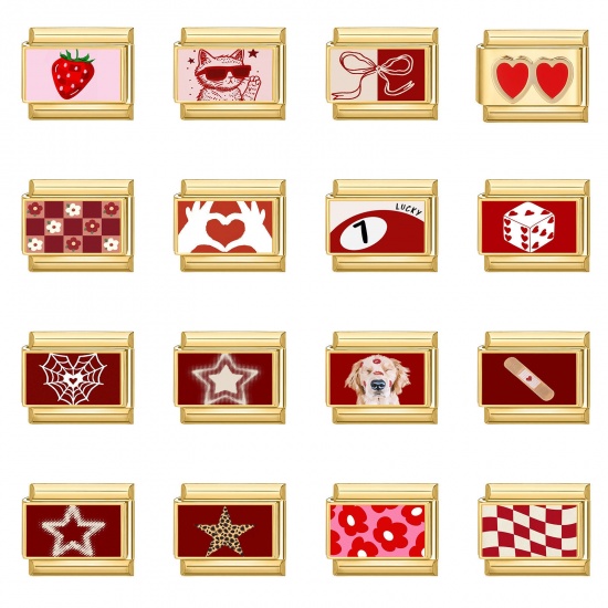 Picture of 304 Stainless Steel Italian Charm Links For DIY Bracelet Jewelry Making Gold Plated Red Rectangle 10mm x 9mm
