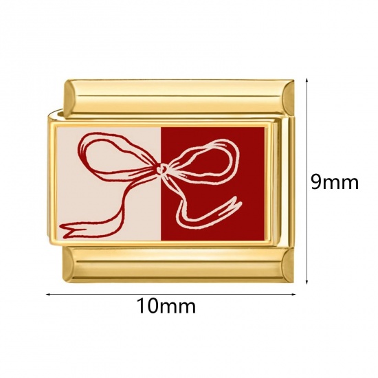 Picture of 304 Stainless Steel Italian Charm Links For DIY Bracelet Jewelry Making Gold Plated Red Rectangle 10mm x 9mm