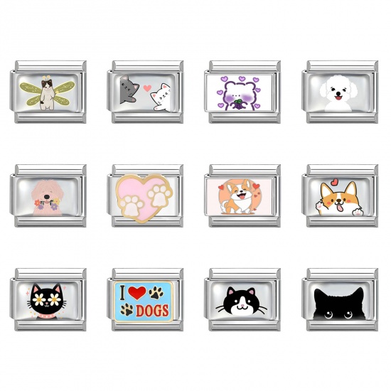 Picture of 304 Stainless Steel Pet Memorial Italian Charm Links For DIY Bracelet Jewelry Making Silver Tone Rectangle 10mm x 9mm