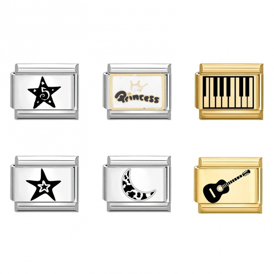 Picture of 304 Stainless Steel Italian Charm Links For DIY Bracelet Jewelry Making Gold Plated & Silver Tone Black Rectangle 10mm x 9mm