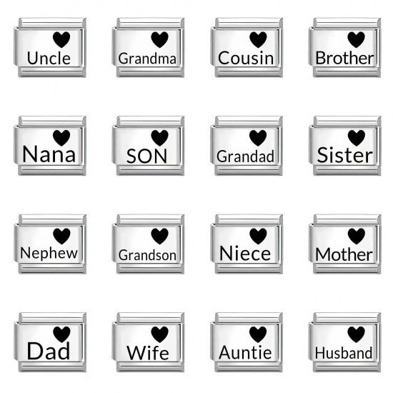 Picture of 1 Piece 304 Stainless Steel Family Jewelry Italian Charm Links For DIY Bracelet Jewelry Making Wholesale Silver Tone Black Rectangle Heart 10mm x 9mm
