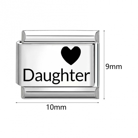 Picture of 1 Piece 304 Stainless Steel Family Jewelry Italian Charm Links For DIY Bracelet Jewelry Making Wholesale Silver Tone Black Rectangle Heart 10mm x 9mm