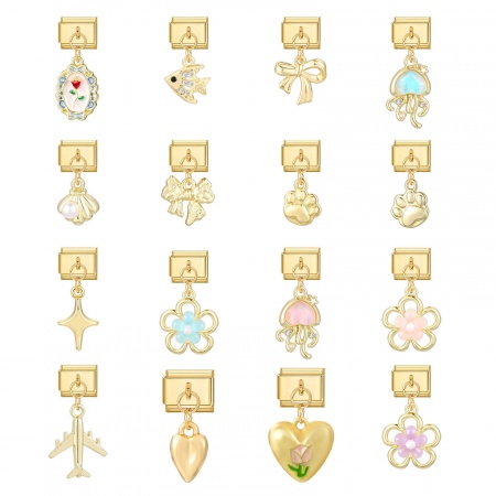 Picture of 1 Piece 304 Stainless Steel Italian Charm Links For DIY Bracelet Jewelry Making Wholesale Gold Plated Rectangle Flower 10mm x 9mm