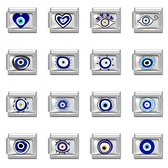 Picture of 1 Piece 304 Stainless Steel Italian Charm Links For DIY Bracelet Jewelry Making Wholesale Silver Tone Rectangle Evil Eye 10mm x 9mm