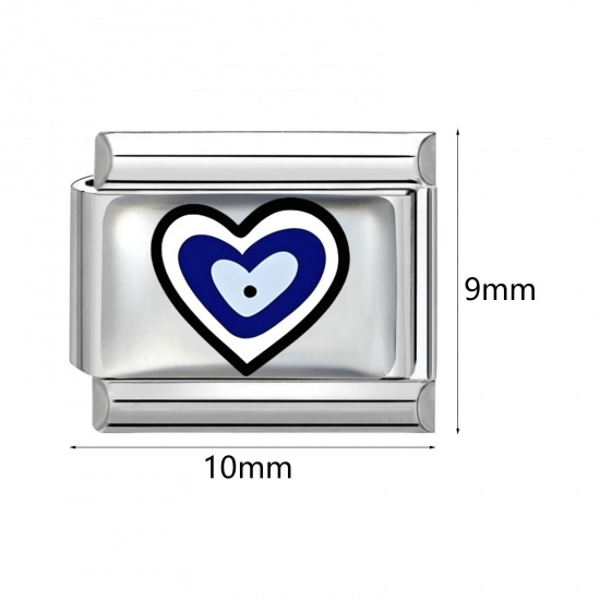 Picture of 1 Piece 304 Stainless Steel Italian Charm Links For DIY Bracelet Jewelry Making Wholesale Silver Tone Rectangle Evil Eye 10mm x 9mm