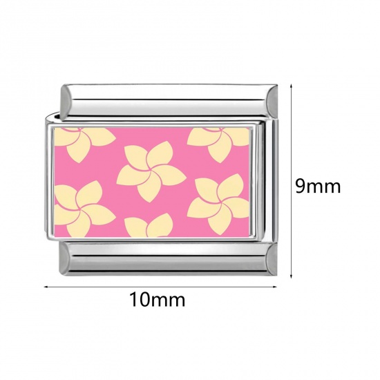 Picture of 1 Piece 304 Stainless Steel Italian Charm Links For DIY Bracelet Jewelry Making Wholesale Silver Tone Pink Rectangle 10mm x 9mm