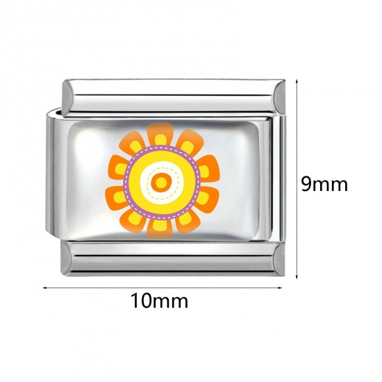 Picture of 1 Piece 304 Stainless Steel Italian Charm Links For DIY Bracelet Jewelry Making Wholesale Silver Tone Rectangle Flower 10mm x 9mm