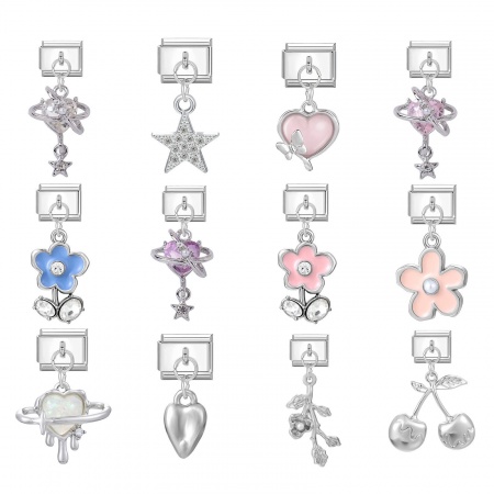 Picture of 1 Piece 304 Stainless Steel Italian Charm Links For DIY Bracelet Jewelry Making Wholesale Silver Tone Rectangle Flower 10mm x 9mm