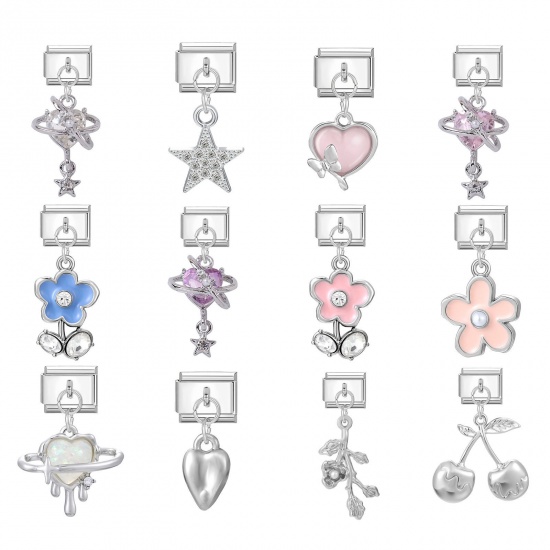 Picture of 1 Piece 304 Stainless Steel Italian Charm Links For DIY Bracelet Jewelry Making Wholesale Silver Tone Rectangle Flower 10mm x 9mm