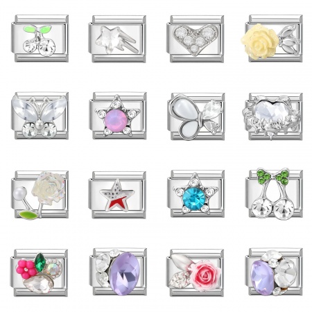 Picture of 1 Piece 304 Stainless Steel Italian Charm Links For DIY Bracelet Jewelry Making Wholesale Silver Tone Rectangle Cherry Fruit 10mm x 9mm