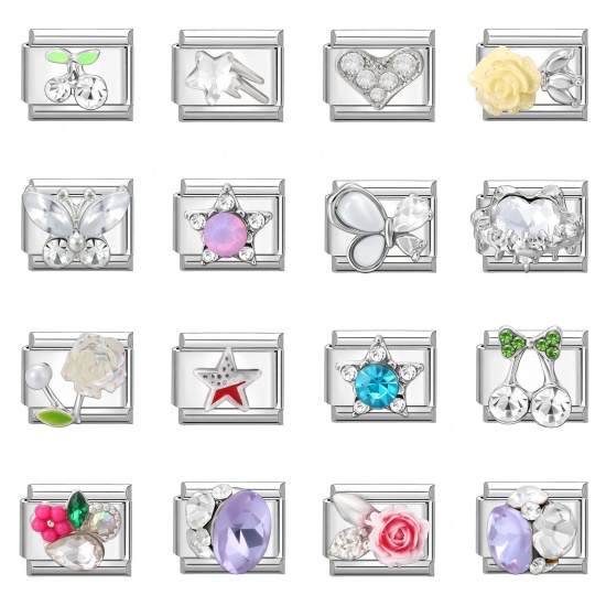 Picture of 1 Piece 304 Stainless Steel Italian Charm Links For DIY Bracelet Jewelry Making Wholesale Silver Tone Rectangle Cherry Fruit 10mm x 9mm