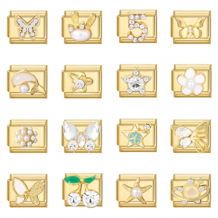 Picture of 1 Piece 304 Stainless Steel Italian Charm Links For DIY Bracelet Jewelry Making Wholesale Gold Plated Rectangle Butterfly 10mm x 9mm